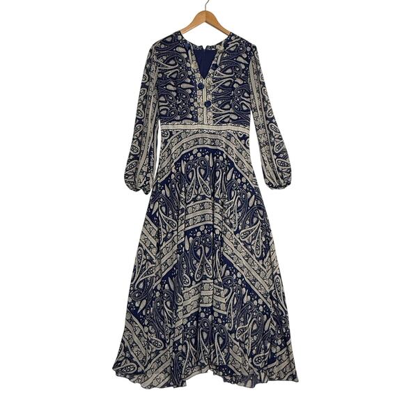 Sheryl Crow Paisley Print V-Neck Maxi Dress Size S Pom-Poms Hippie Boho Gypsy - Picture 1 of 13